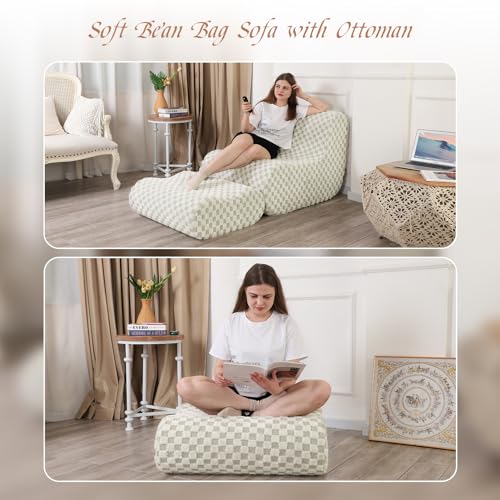 LOVMOC Accent Bean Bag Chair with Footstool, Modern Lazy Sofa Chair with Comfy Jacquard Shaggy Plush, Green