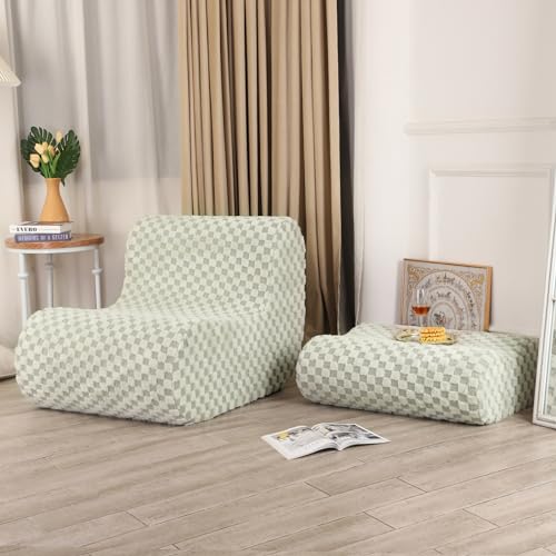 LOVMOC Accent Bean Bag Chair with Footstool, Modern Lazy Sofa Chair with Comfy Jacquard Shaggy Plush, Green