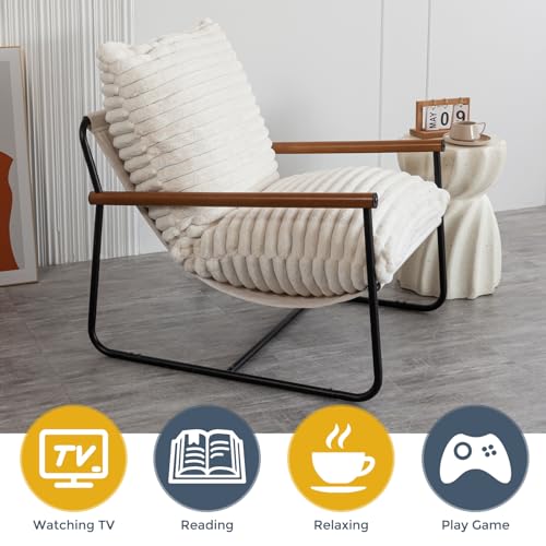 MAXYOYO Accent Chair, Sherpa Arm Chair for Living Room, Mid Century Modern Accent Chairs, Boucle Reading Bedroom Chair, Teddy Armchair, Wooden Arms Metal Frame