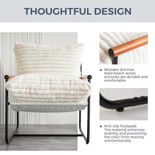 MAXYOYO Accent Chair, Sherpa Arm Chair for Living Room, Mid Century Modern Accent Chairs, Boucle Reading Bedroom Chair, Teddy Armchair, Wooden Arms Metal Frame