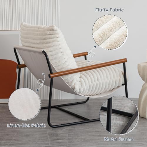 MAXYOYO Accent Chair, Sherpa Arm Chair for Living Room, Mid Century Modern Accent Chairs, Boucle Reading Bedroom Chair, Teddy Armchair, Wooden Arms Metal Frame