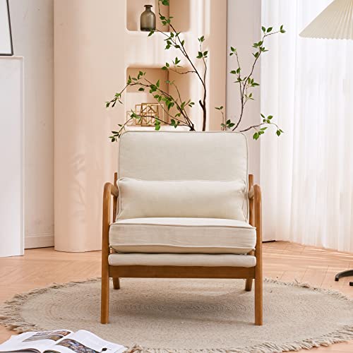 Karl home Accent Chair Mid-Century Modern Chair with Pillow Upholstered Lounge Arm Chair with Solid Wood Frame & Soft Cushion for Living Room, Bedroom, Balcony, Beige (Low Back)