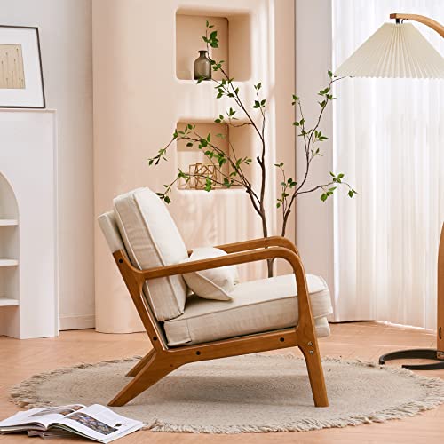 Karl home Accent Chair Mid-Century Modern Chair with Pillow Upholstered Lounge Arm Chair with Solid Wood Frame & Soft Cushion for Living Room, Bedroom, Balcony, Beige (Low Back)