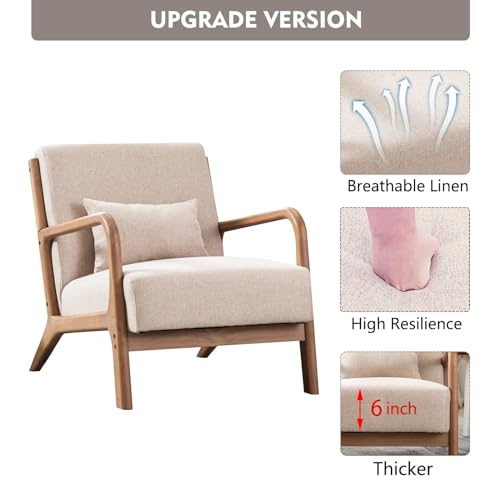 ANJHOME Mid Century Modern Accent Chair, Comfy Fabric Living Room Chairs with Solid Wood Frame, Lounge Reading Armchair, Easy Assembly, Beige