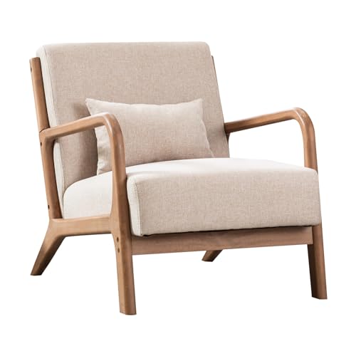 ANJHOME Mid Century Modern Accent Chair, Comfy Fabric Living Room Chairs with Solid Wood Frame, Lounge Reading Armchair, Easy Assembly, Beige