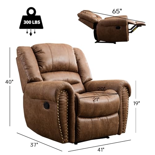 CANMOV Leather Recliner Chair, Classic and Traditional Manual Recliner Chair with Comfortable Arms and Back Single Sofa for Living Room, Nut Brown