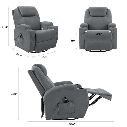 Flamaker Rocking Chair Recliner Chair with Massage Swivel Ergonomic Lounge Chair Classic Single Sofa with 2 Cup Holders Side Pockets Living Room Chair Home Theater Seat (Gray)