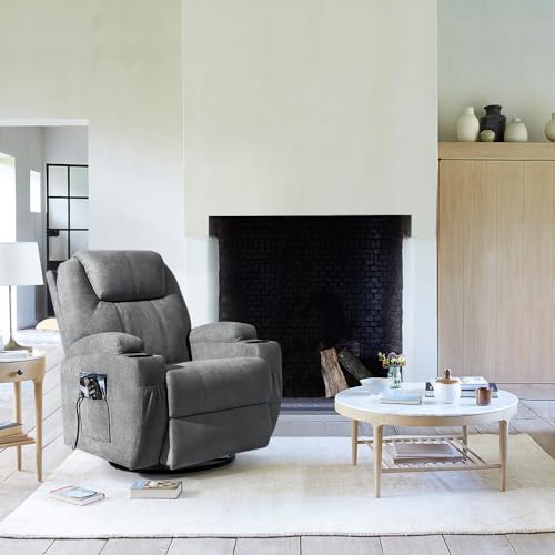 Flamaker Rocking Chair Recliner Chair with Massage Swivel Ergonomic Lounge Chair Classic Single Sofa with 2 Cup Holders Side Pockets Living Room Chair Home Theater Seat (Gray)