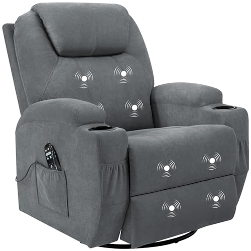 Flamaker Rocking Chair Recliner Chair with Massage Swivel Ergonomic Lounge Chair Classic Single Sofa with 2 Cup Holders Side Pockets Living Room Chair Home Theater Seat (Gray)