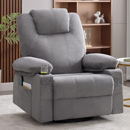 Weture Oversized Swivel Rocker Recliner Chair with Heat and Massage, 360 Degree Swivel Rocking Single Sofa with Cup Holders and USB Port, Big Large Recliner Chair for Living Room (Fabric, Grey)