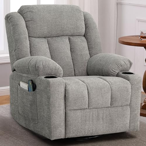 Ketaiyou Rocker Recliner Chair for Adults, Overstuffed Large Manual Recliner Swivel Glider with Massage and Heat, Upholstered Soft Fabric Living Room Reclining Sofa Chair (Lime Gray)