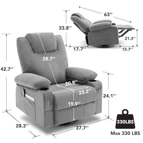 Weture Oversized Swivel Rocker Recliner Chair with Heat and Massage, 360 Degree Swivel Rocking Single Sofa with Cup Holders and USB Port, Big Large Recliner Chair for Living Room (Fabric, Grey)