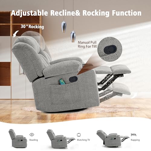 Ketaiyou Rocker Recliner Chair for Adults, Overstuffed Large Manual Recliner Swivel Glider with Massage and Heat, Upholstered Soft Fabric Living Room Reclining Sofa Chair (Lime Gray)