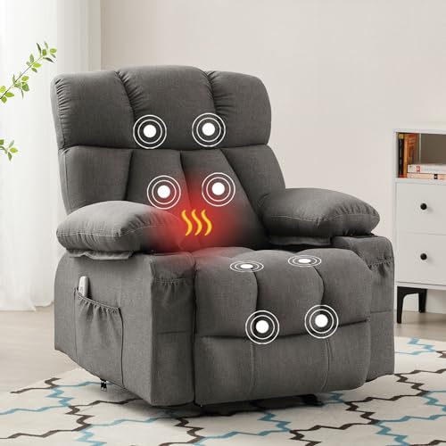 Massage Rocker Recliner Chair with Heat and Vibration Ergonomic Rocking Lounge Chair for Living Room Comfy Overstuffed Recliner with 4 Side Pockets,2 Cup Holders, USB Charge Port, Grey