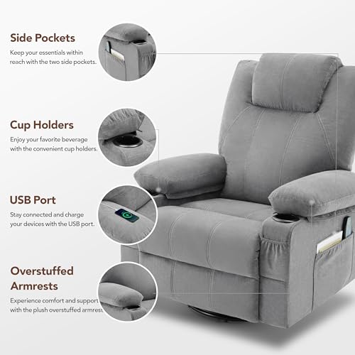 Weture Oversized Swivel Rocker Recliner Chair with Heat and Massage, 360 Degree Swivel Rocking Single Sofa with Cup Holders and USB Port, Big Large Recliner Chair for Living Room (Fabric, Grey)