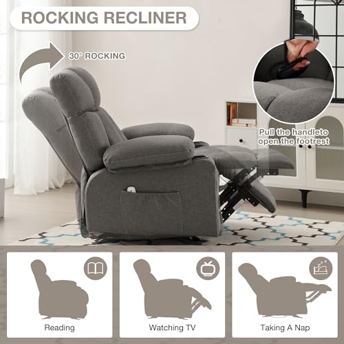 Massage Rocker Recliner Chair with Heat and Vibration Ergonomic Rocking Lounge Chair for Living Room Comfy Overstuffed Recliner with 4 Side Pockets,2 Cup Holders, USB Charge Port, Grey