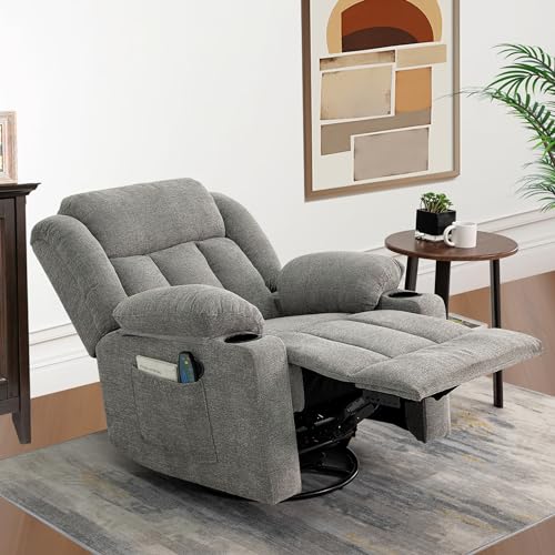 Ketaiyou Rocker Recliner Chair for Adults, Overstuffed Large Manual Recliner Swivel Glider with Massage and Heat, Upholstered Soft Fabric Living Room Reclining Sofa Chair (Lime Gray)