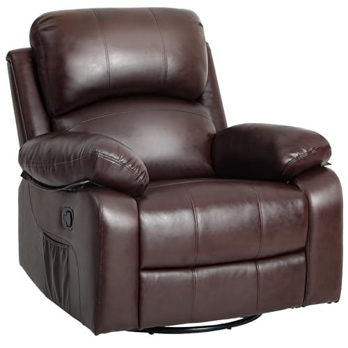 YITAHOME Oversized Rocker Recliner Chair with Heat and Massage, Lazy Boy Recliner with Overstuffed Armrest, Rocking Function and Side Pocket, Faux Leather Manual Reclining Chair for Living Room,Brown