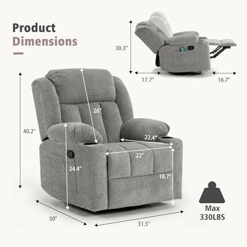 Ketaiyou Rocker Recliner Chair for Adults, Overstuffed Large Manual Recliner Swivel Glider with Massage and Heat, Upholstered Soft Fabric Living Room Reclining Sofa Chair (Lime Gray)