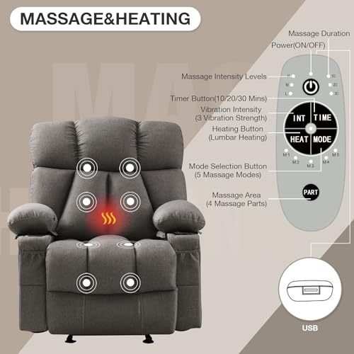 Massage Rocker Recliner Chair with Heat and Vibration Ergonomic Rocking Lounge Chair for Living Room Comfy Overstuffed Recliner with 4 Side Pockets,2 Cup Holders, USB Charge Port, Grey