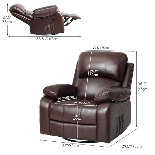 YITAHOME Oversized Rocker Recliner Chair with Heat and Massage, Lazy Boy Recliner with Overstuffed Armrest, Rocking Function and Side Pocket, Faux Leather Manual Reclining Chair for Living Room,Brown