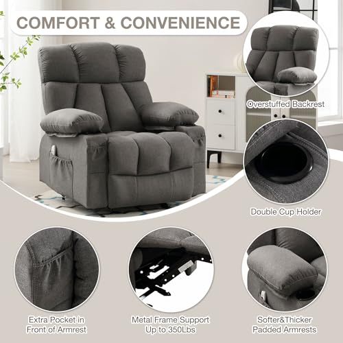 Massage Rocker Recliner Chair with Heat and Vibration Ergonomic Rocking Lounge Chair for Living Room Comfy Overstuffed Recliner with 4 Side Pockets,2 Cup Holders, USB Charge Port, Grey