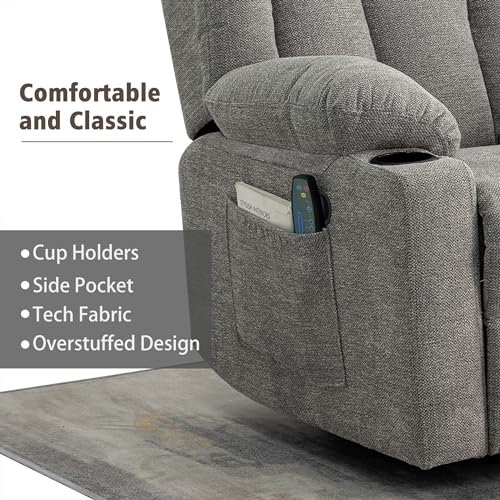 Ketaiyou Rocker Recliner Chair for Adults, Overstuffed Large Manual Recliner Swivel Glider with Massage and Heat, Upholstered Soft Fabric Living Room Reclining Sofa Chair (Lime Gray)