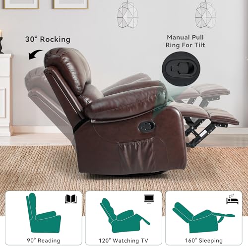 YITAHOME Oversized Rocker Recliner Chair with Heat and Massage, Lazy Boy Recliner with Overstuffed Armrest, Rocking Function and Side Pocket, Faux Leather Manual Reclining Chair for Living Room,Brown