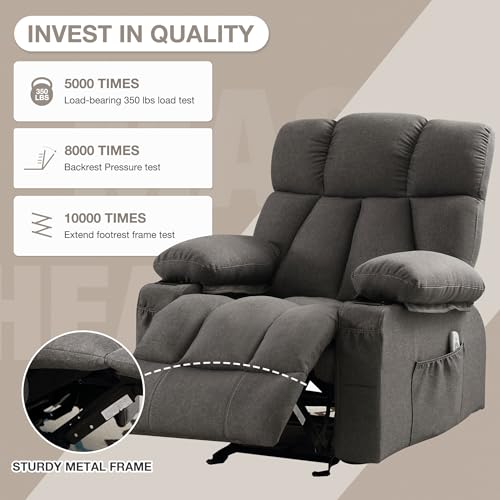 Massage Rocker Recliner Chair with Heat and Vibration Ergonomic Rocking Lounge Chair for Living Room Comfy Overstuffed Recliner with 4 Side Pockets,2 Cup Holders, USB Charge Port, Grey