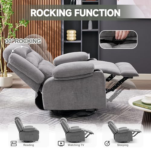 Huatean Home Rocker Recliner Chair with Heat and Massage, 360° Swivel Recliner Chairs for Adults, Oversized Recliner Single Sofa Seat with Cup Holders, Lazy Boy Recliner Single Sofa Seat, Grey