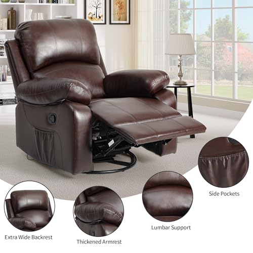 YITAHOME Oversized Rocker Recliner Chair with Heat and Massage, Lazy Boy Recliner with Overstuffed Armrest, Rocking Function and Side Pocket, Faux Leather Manual Reclining Chair for Living Room,Brown