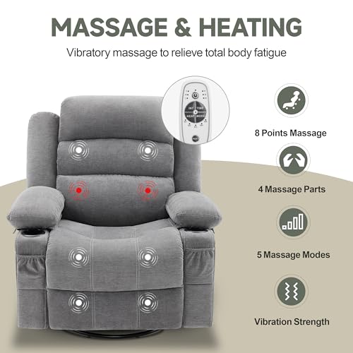 Huatean Home Rocker Recliner Chair with Heat and Massage, 360° Swivel Recliner Chairs for Adults, Oversized Recliner Single Sofa Seat with Cup Holders, Lazy Boy Recliner Single Sofa Seat, Grey