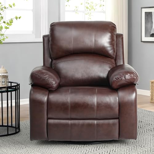 YITAHOME Oversized Rocker Recliner Chair with Heat and Massage, Lazy Boy Recliner with Overstuffed Armrest, Rocking Function and Side Pocket, Faux Leather Manual Reclining Chair for Living Room,Brown