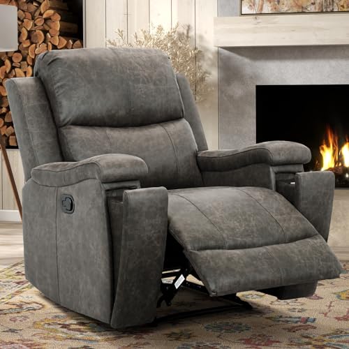 CANMOV Leather Recliner Chair, Classic and Traditional Manual Recliner Chair with Overstuffed Arms and Back, Manual Single Sofa with Concealed Cup Holders,Grey