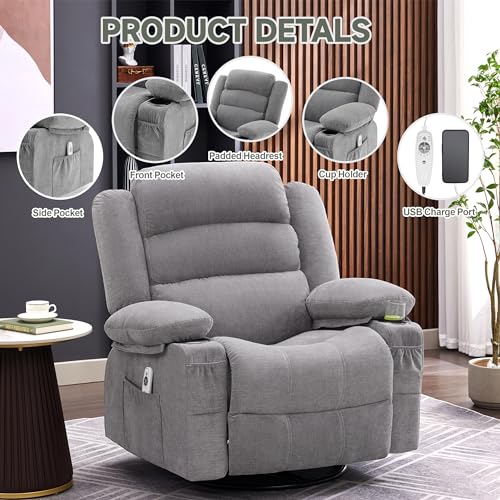 Huatean Home Rocker Recliner Chair with Heat and Massage, 360° Swivel Recliner Chairs for Adults, Oversized Recliner Single Sofa Seat with Cup Holders, Lazy Boy Recliner Single Sofa Seat, Grey