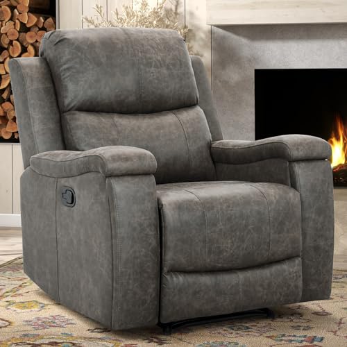 CANMOV Leather Recliner Chair, Classic and Traditional Manual Recliner Chair with Overstuffed Arms and Back, Manual Single Sofa with Concealed Cup Holders,Grey