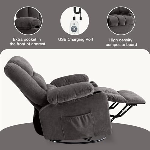 BOSMILLER Massage Rocker Recliner Chair with Vibration Massage and Heat for Living Room Swivel Recliner Chair with Rocking Function and 2 Cup Holders, Side Pocket, USB Charge Port