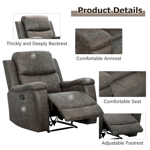 CANMOV Leather Recliner Chair, Classic and Traditional Manual Recliner Chair with Overstuffed Arms and Back, Manual Single Sofa with Concealed Cup Holders,Grey