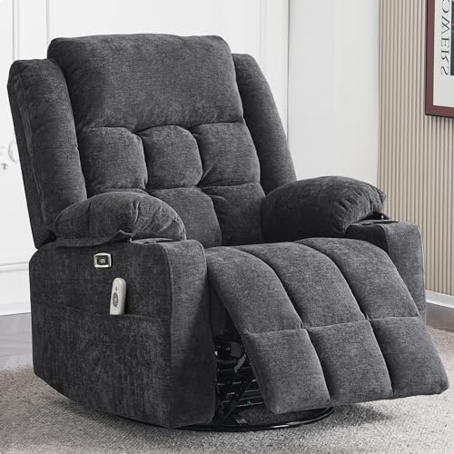 Ketaiyou Power Swivel Rocker Recliner Chair for Adults with Massage, USB and Type-C Ports, Infinite Position, Electric Glider Reclining Single Sofa Chair for Living Room (Dark Grey)