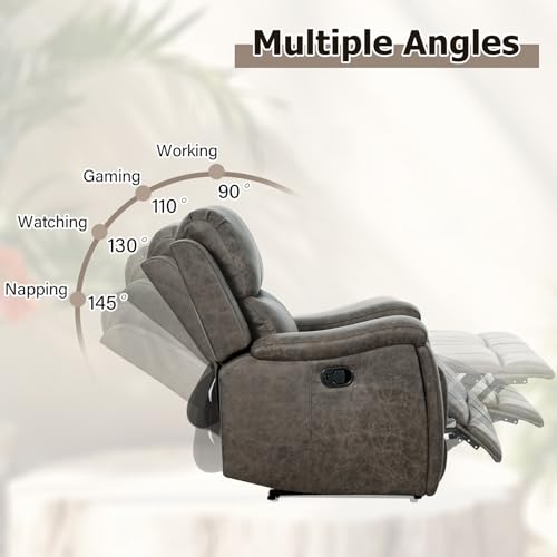 CANMOV Leather Recliner Chair, Classic and Traditional Manual Recliner Chair with Overstuffed Arms and Back, Manual Single Sofa with Concealed Cup Holders,Grey