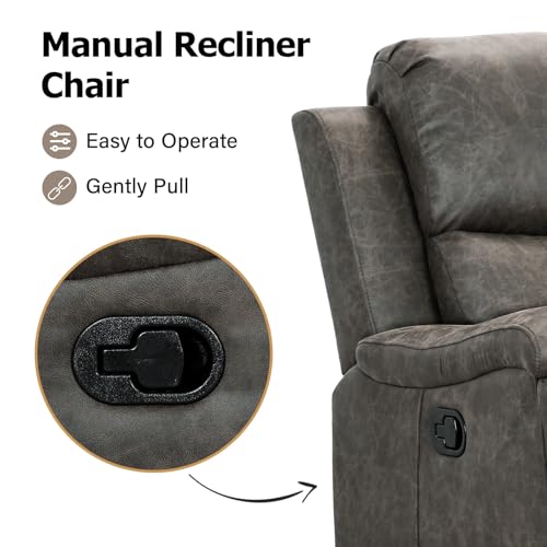 CANMOV Leather Recliner Chair, Classic and Traditional Manual Recliner Chair with Overstuffed Arms and Back, Manual Single Sofa with Concealed Cup Holders,Grey