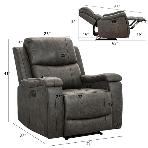 CANMOV Leather Recliner Chair, Classic and Traditional Manual Recliner Chair with Overstuffed Arms and Back, Manual Single Sofa with Concealed Cup Holders,Grey