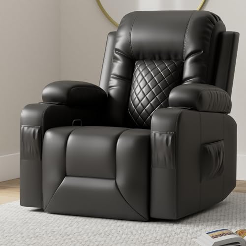 FURNIMAT Recliner Chairs for Adults, Massage Rocker with Heated Modern Ergonomic Lounge 360 Degree Swivel Single Sofa Seat Living Room Lounge Recliners Black
