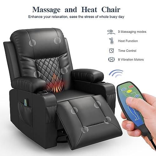 FURNIMAT Recliner Chairs for Adults, Massage Rocker with Heated Modern Ergonomic Lounge 360 Degree Swivel Single Sofa Seat Living Room Lounge Recliners Black