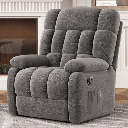 Recliner Chair, Upholstered Rocker Recliner Chair with Side Pocket, Ergonomic 110°-160°Adjustable Chenille Recliner Chairs for Adults, Reclining Chair with Footrest, Recliner Sofa for Living Room