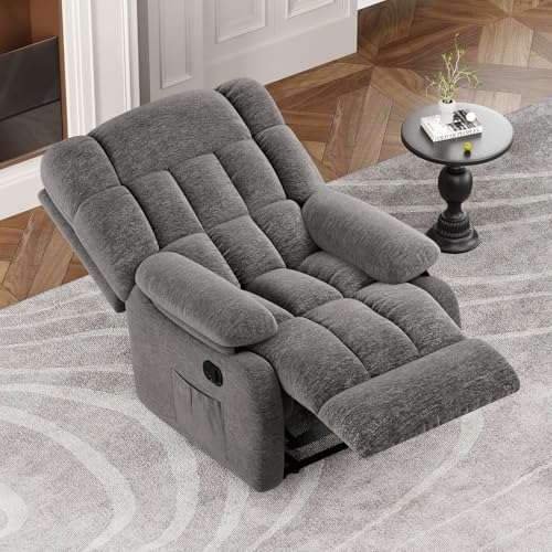 Recliner Chair, Upholstered Rocker Recliner Chair with Side Pocket, Ergonomic 110°-160°Adjustable Chenille Recliner Chairs for Adults, Reclining Chair with Footrest, Recliner Sofa for Living Room