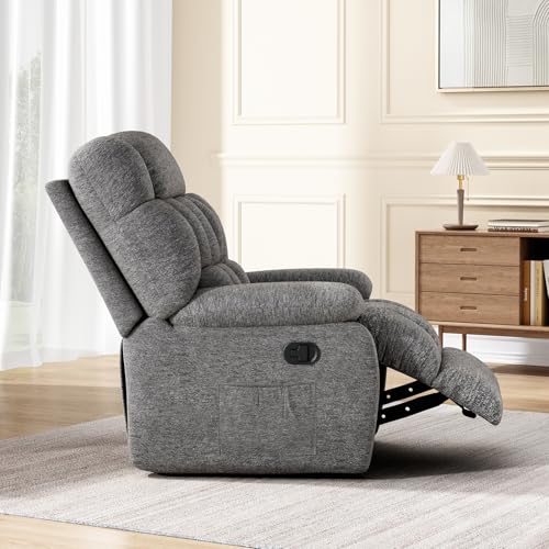 Recliner Chair, Upholstered Rocker Recliner Chair with Side Pocket, Ergonomic 110°-160°Adjustable Chenille Recliner Chairs for Adults, Reclining Chair with Footrest, Recliner Sofa for Living Room