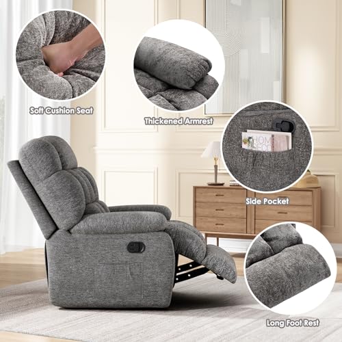 Recliner Chair, Upholstered Rocker Recliner Chair with Side Pocket, Ergonomic 110°-160°Adjustable Chenille Recliner Chairs for Adults, Reclining Chair with Footrest, Recliner Sofa for Living Room