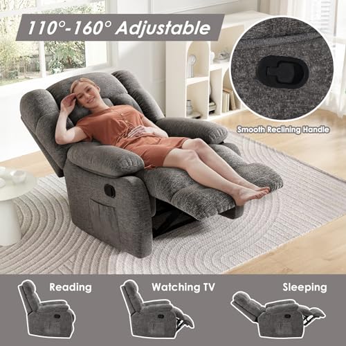 Recliner Chair, Upholstered Rocker Recliner Chair with Side Pocket, Ergonomic 110°-160°Adjustable Chenille Recliner Chairs for Adults, Reclining Chair with Footrest, Recliner Sofa for Living Room