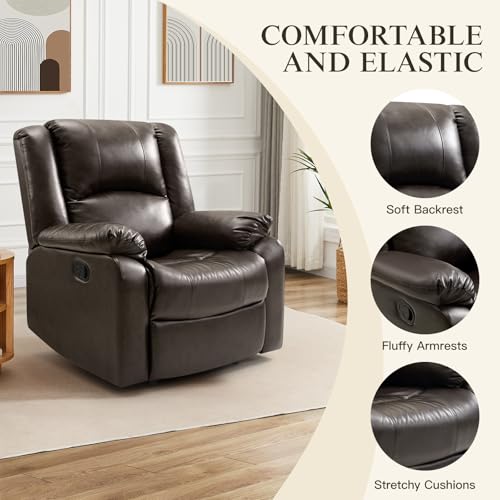EASELAND PU Leather Recliner Chairs for Adults, Reading Recliner Chairs for Bedroom, Fluffy Arm Chair with High-Density Sponge Cushion, Reclining Chairs with Lumbar Support for Living Room(Brown)